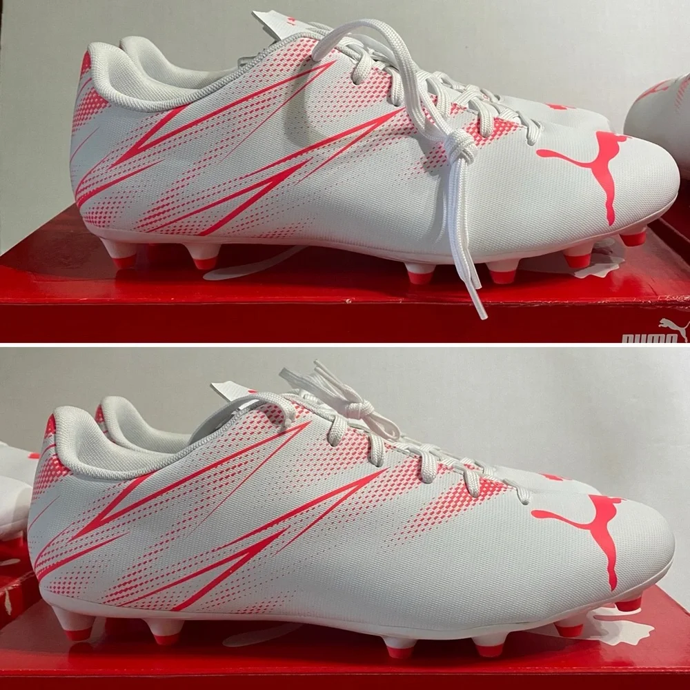 Puma, Men Size 11.5/ Men Size 12, Attacanto FG/AG, Puma White- Fire Orchid